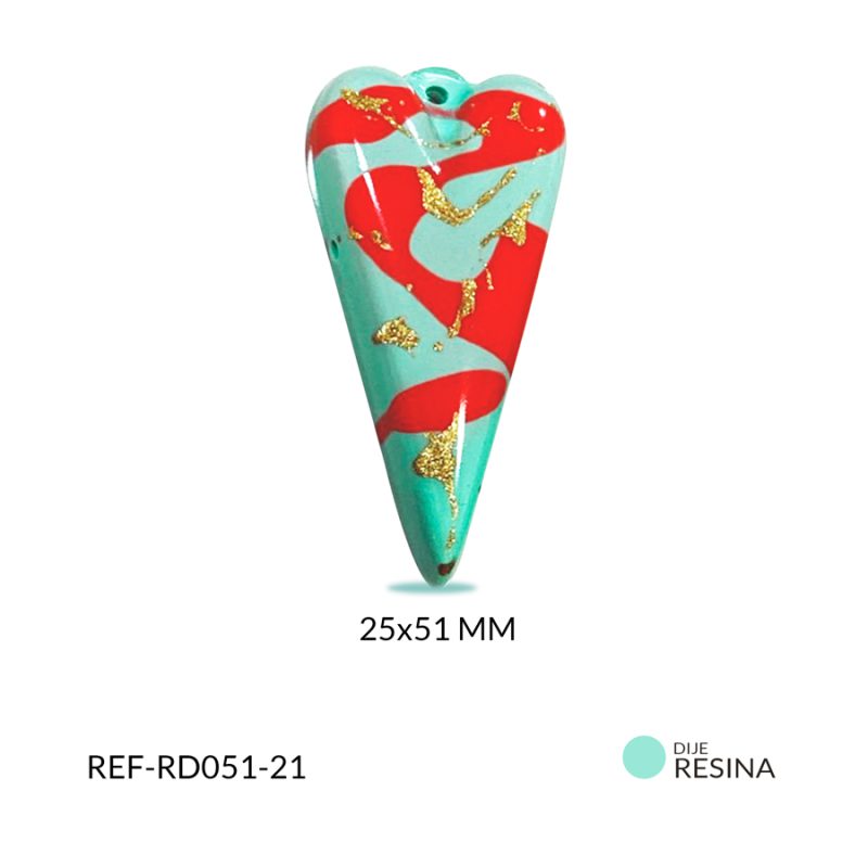 Dije resina Corazón alargado Verde con rojo y dorado 25 x 51mm /x unidad / ref-RD051-21 / ref-RD051-21