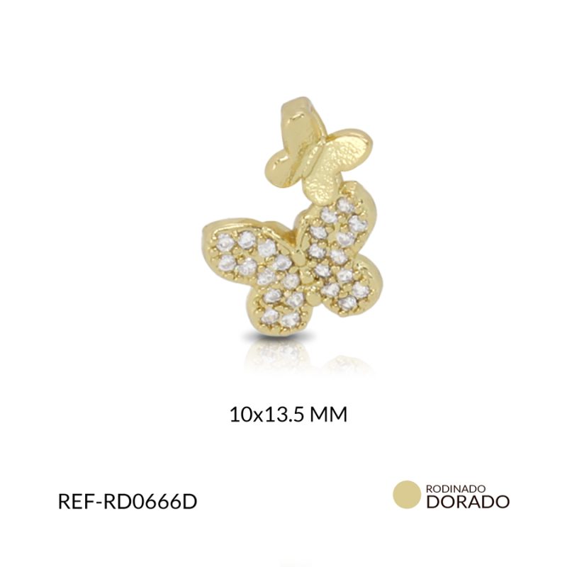 Dije rodinado doble mariposa circón blanco 10 x 13.5 mm / x unidad / Ref-RD0666D