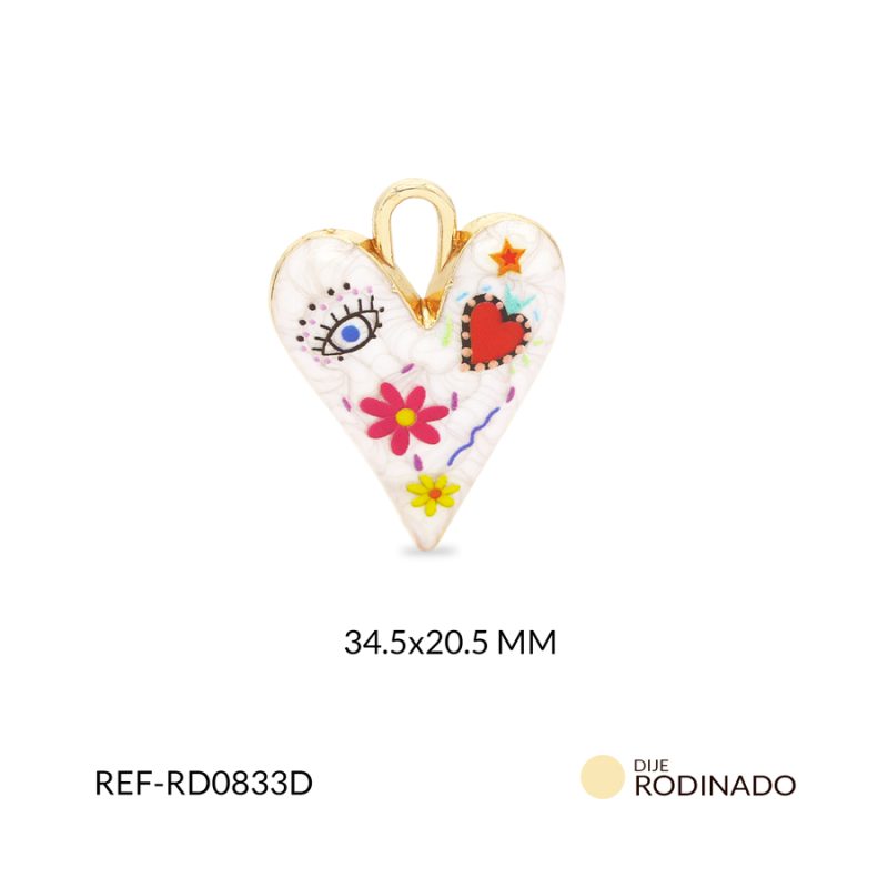 Dije Rodinado corazón resina blanca margarita fucsia 34.5x20.5mm