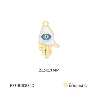 Dije rodinado mano hamsa resina blanca ojo azul rey