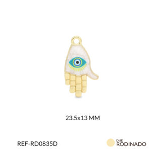 Dije rodinado mano hamsa resina blanca ojo verde menta