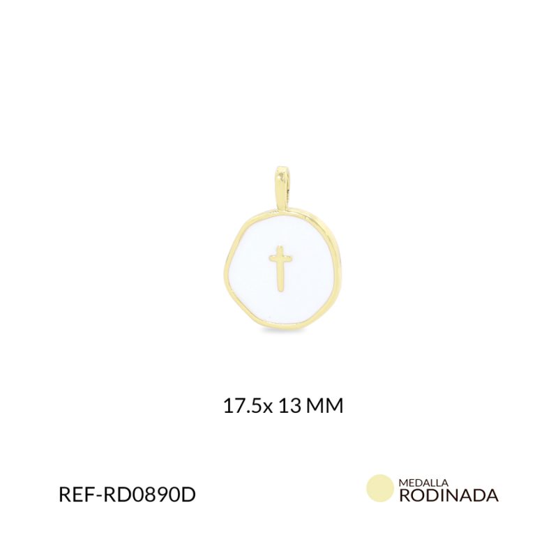 Dije Rodinado circulo blanco cruz 17.5x13mm x und