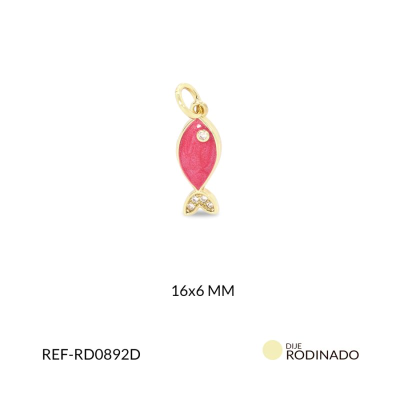 Dije rodinado pez resina fucsia circón plateado