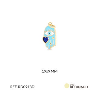 Dije rodinado mano hamsa cristal azul rey resina azul celeste