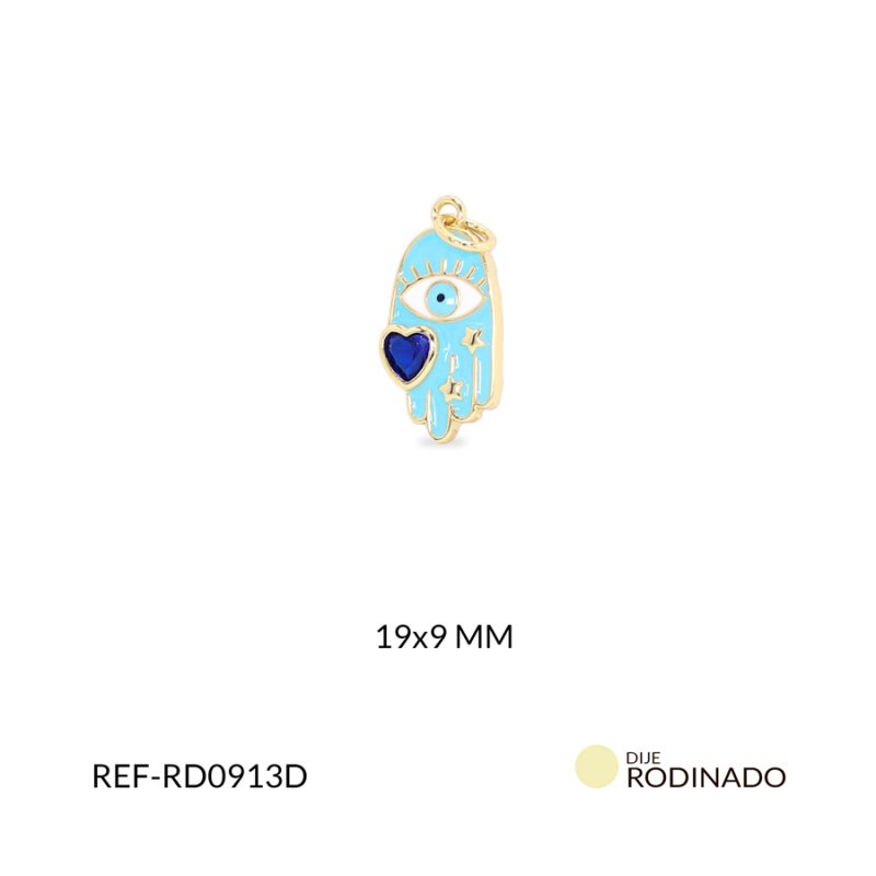 Dije Rodinado Mano Hamsa cristal azul rey resina azul celeste 19x9mm / x unidad / ref-RD0913D / ref-RD0913D