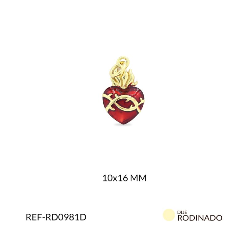 Dije Rodinado corazón resina roja llamas doradas 10x16mm / x unidad / Ref-RD0981D / Ref-RD0981D