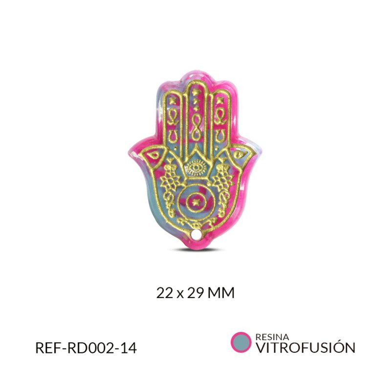 DIJE RESINA MANO HAMSA VITROFUSION MIXTA GRABADO DORADO 22*29 MM / x UND / Ref-RD002-14