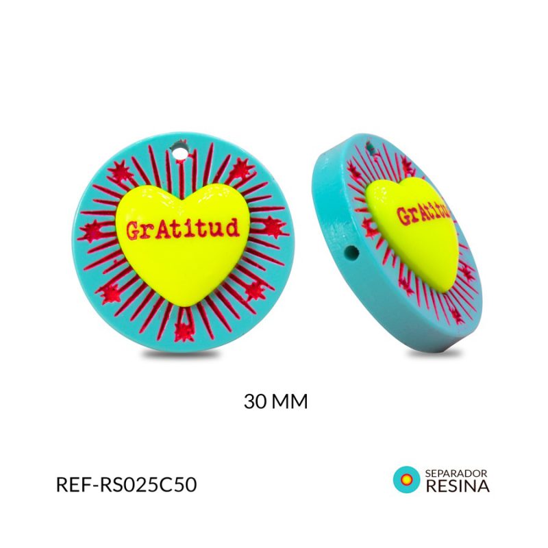 Separador resina circulo turquesa corazon verde fluorescente (gratitud) 30x30mm / x unidad / Ref-RS025C50