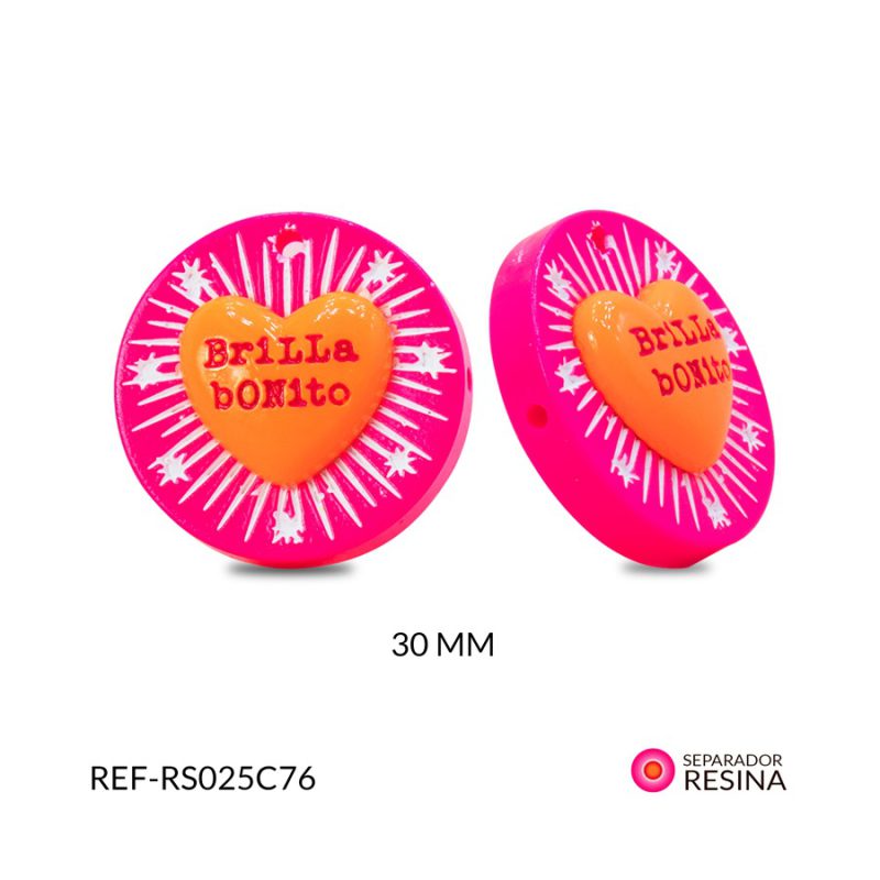 Separador resina circulo fucsia corazon naranja (brilla bonito) 30x30mm / x unidad / Ref-RS025C76 / Ref-RS025C76