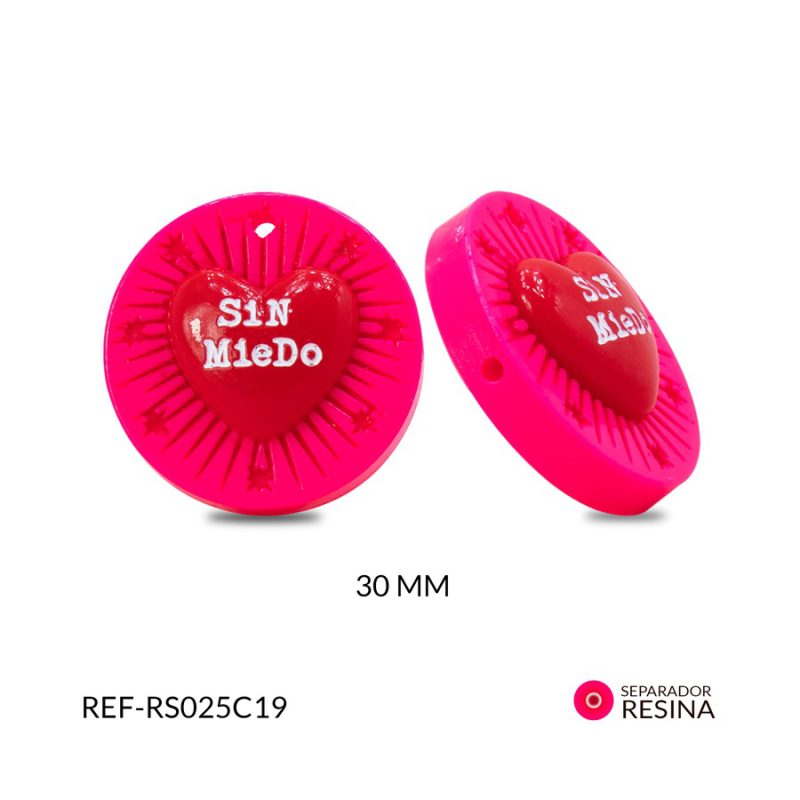 Separador resina circulo fucsia corazon rojo (sin miedo) 30x30mm / x unidad / Ref-RS025C19 / Ref-RS025C19