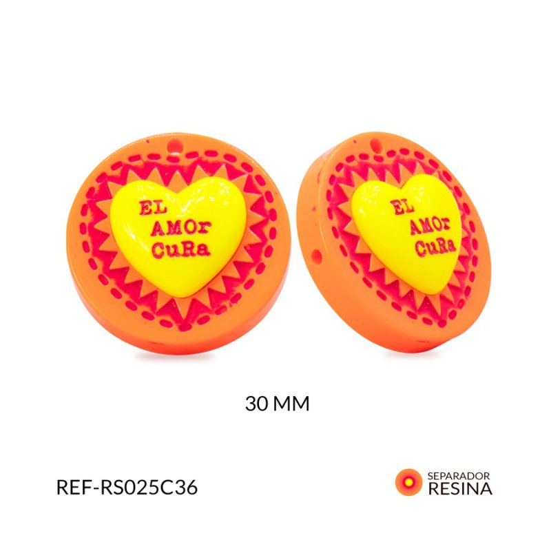 Separador resina circulo naranja corazon amarillo (el amor cura) 30x30mm / x unidad / Ref-RS025C36