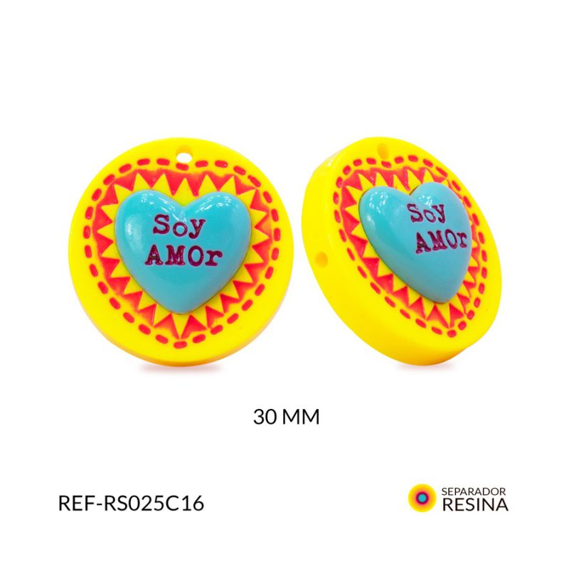 Separador resina circulo amarillo corazon turquesa (soy amor) 30x30mm/ x unidad / Ref-RS025C16