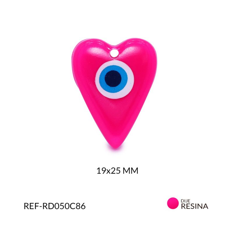 Dije resina corazon fucsia ojo turco19x25mm x und