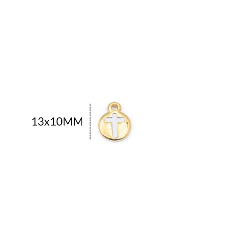 DIJE ZAMAK CIRCULO CRUZ EN RESINA 13 X 10MM / color dorado / X UNIDAD / REF-ZD0315DBLANCO / REF-ZD0315Dblanco