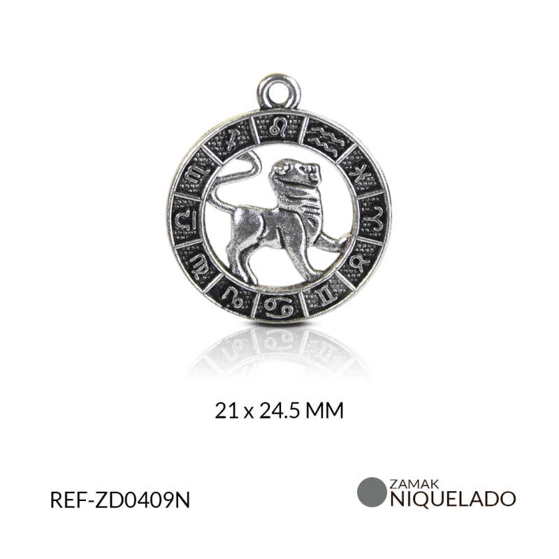 DIJE ZAMAK NIQUELADO SIGNO ZODIACAL LEO/ PAQUETE x 6 UND/21x24mm / REF-ZD0409N