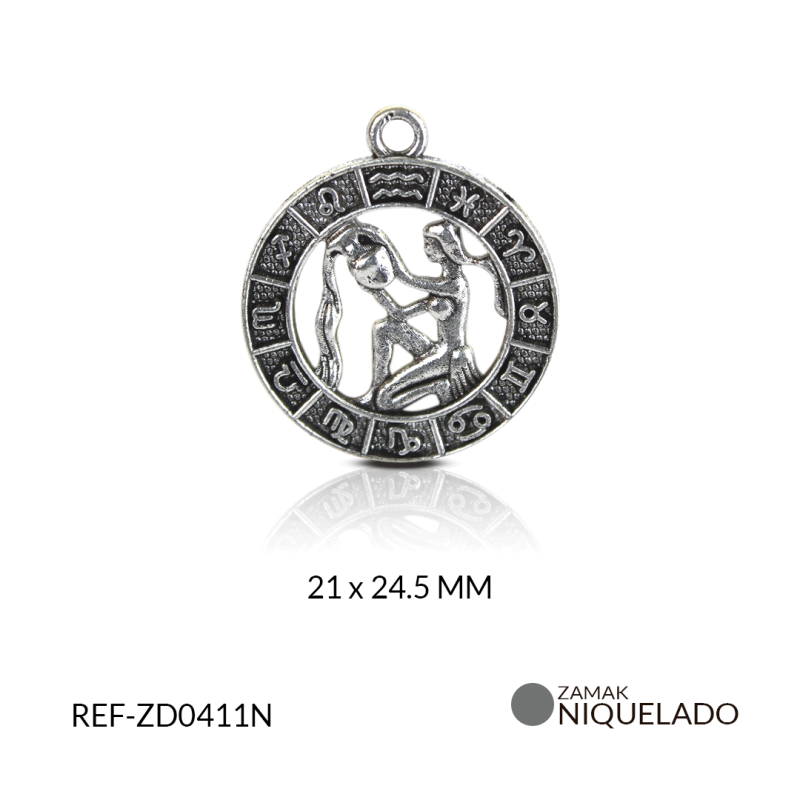 DIJE ZAMAK NIQUELADO SIGNO ZODIACAL ACUARIO /PAQUETE x 6 UND/ 21x24mm / REF-ZD0411N