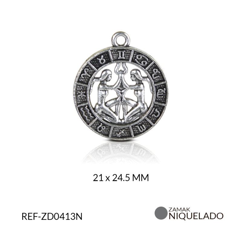 DIJE ZAMAK NIQUELADO SIGNO ZODIACAL GEMINIS /PAQUETE x 6 UND/21x24mm / REF-ZD0413N