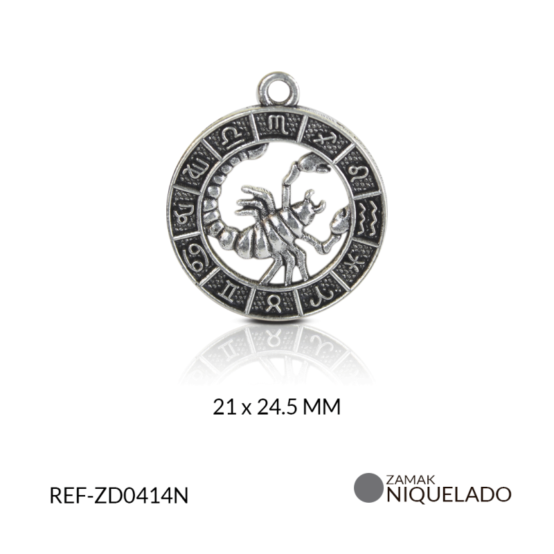 DIJE ZAMAK NIQUELADO SIGNO ZODIACAL ESCORPION/PAQUETE x 6 UND/21x24mm / REF-ZD0414N