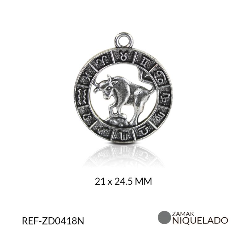 DIJE ZAMAK NIQUELADO SIGNO ZODIACAL TAURO/PAQUETE x 6 UND/21x24mm / REF-ZD0418N