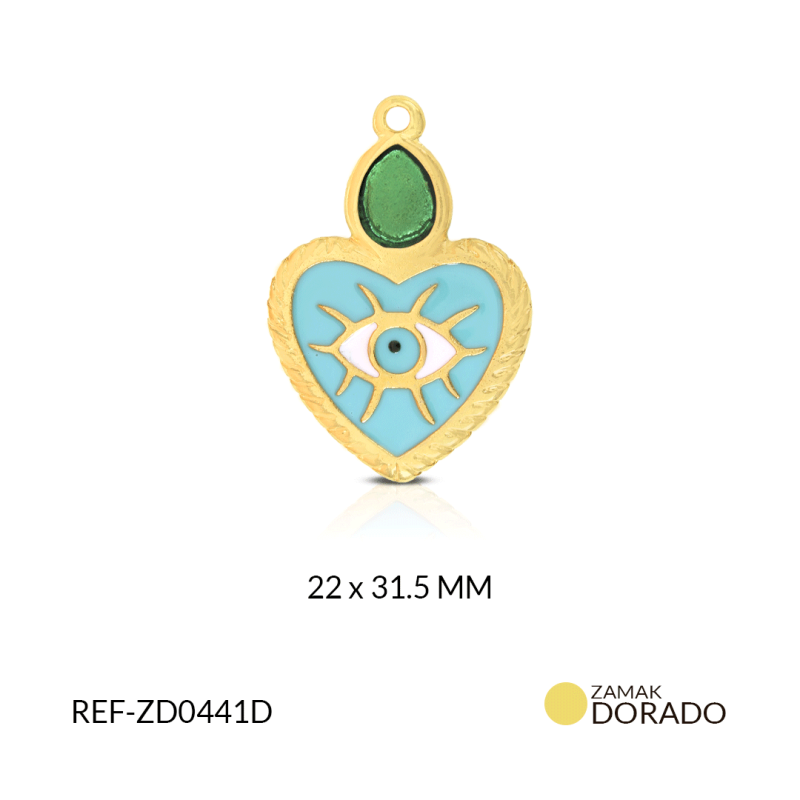 DIJE ZAMAK DORADO CORAZON VERDE A. OJO+GEMA VERDE/x UND/22x31mm / REF-ZD0441D-4