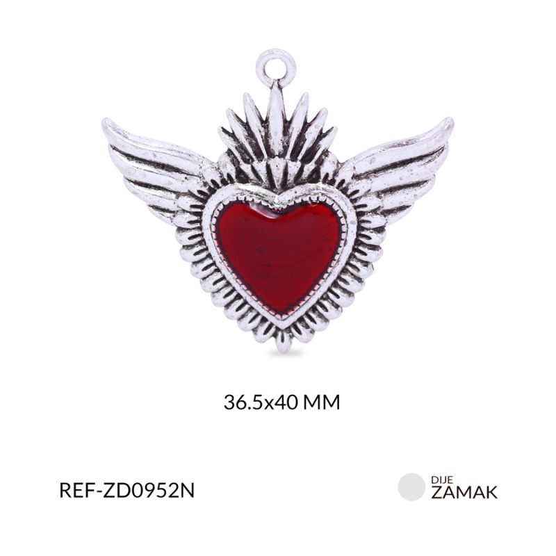 Dije zamak corazón resina roja alas 36.5x40mm x unid