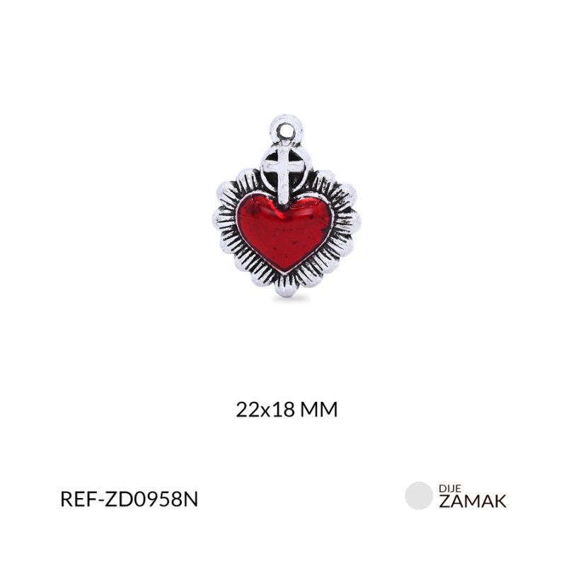 Dije zamak corazón resina roja destellos cruz 22x18mm x unidad