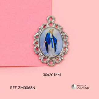 Medalla zamak ovalada calada resina virgen de milagrosa 30x20mm x unidad