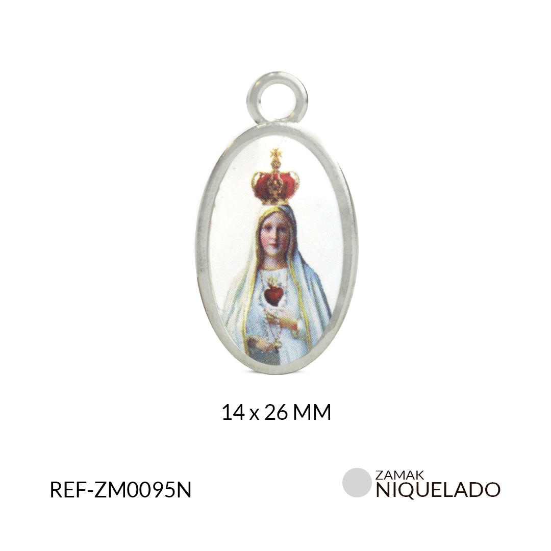 Medalla zamak ovalada resina virgen fatima ambos lados 14x26mm x 3und