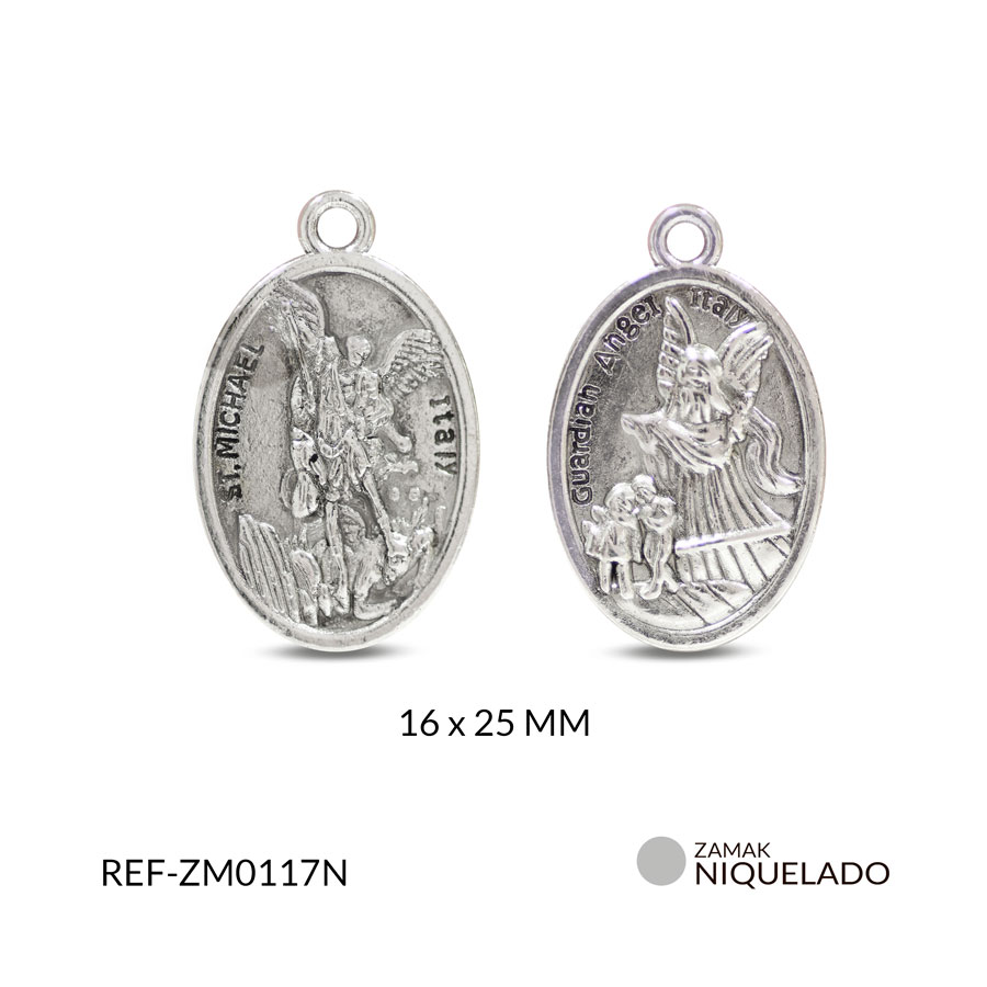Medalla zamak ovalada san miguel arcángel + ángel guardián 16x25 mm x 6 und