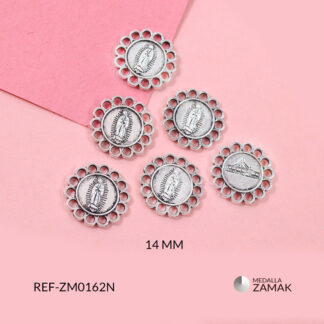 Medalla zamak circulo virgen de Guadalupe para tejer 14mm paquete x 12 unds