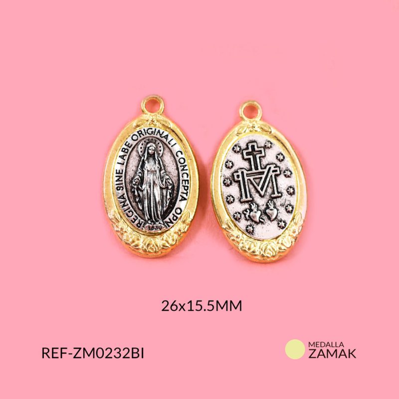Medalla zamak Virgen Milagrosa Bicolor 26x15.5mm / x unidad / Ref-ZM0232BI / Ref-ZM0232BI