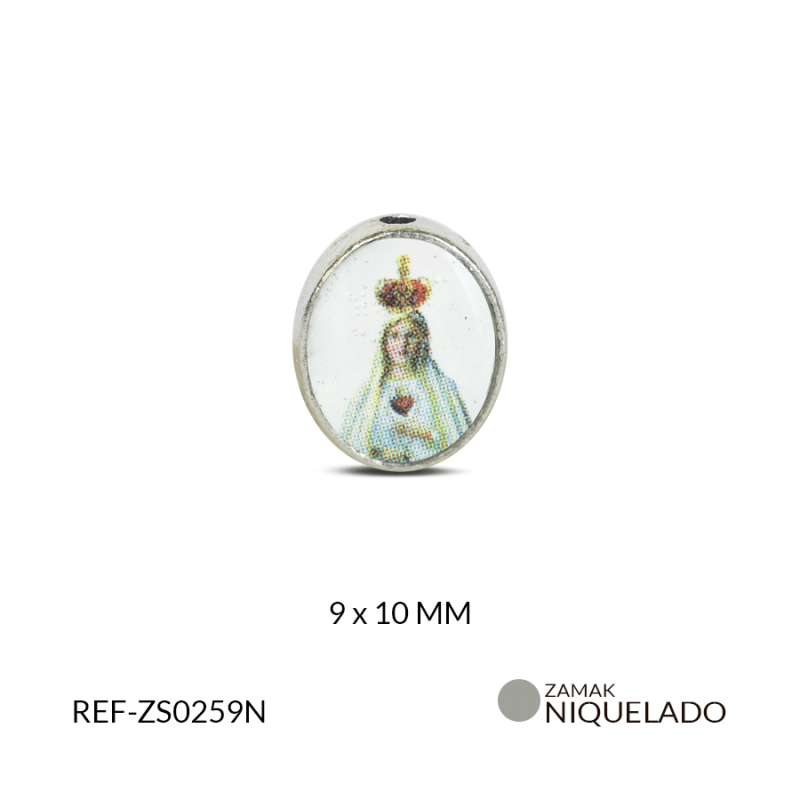 Separador zamak virgen de fatima fondo blanco 9 x 10 mm borde niquelado / Paquete x 12 und / Ref-ZS0259N