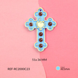 Cruz resina azul corazón blanco hueso 51x36mm