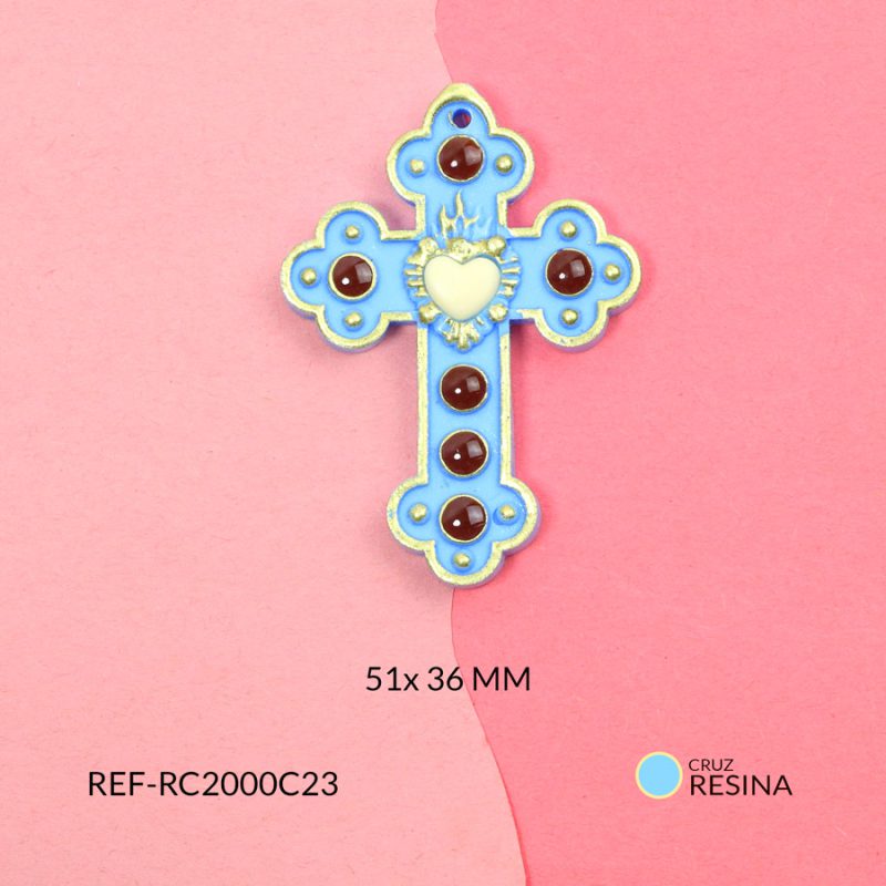 Cruz resina azul corazón blanco hueso 51x36mm