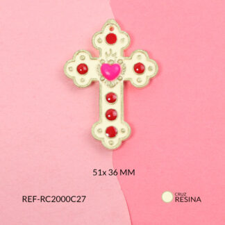 Cruz resina beige corazón fucsia 51x36mm