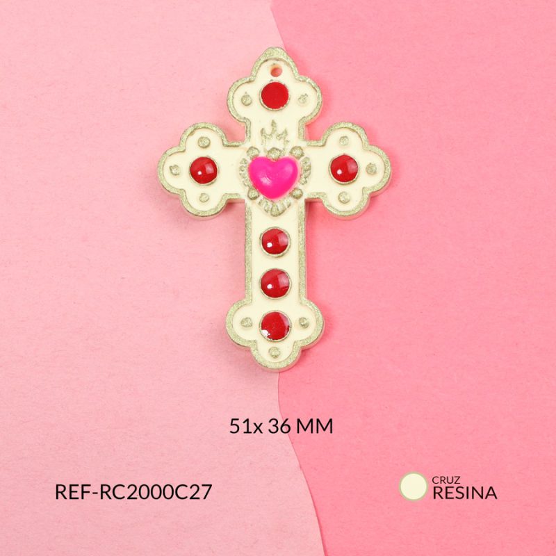Cruz resina beige corazón fucsia 51x36mm
