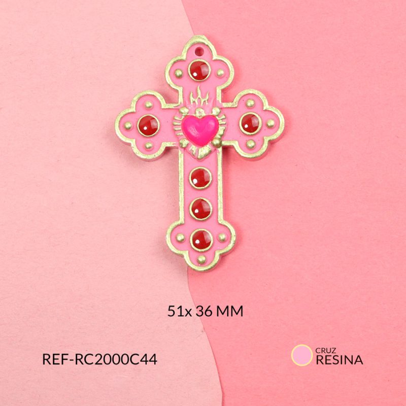 Cruz resina rosado corazón fucsia 51x36mm