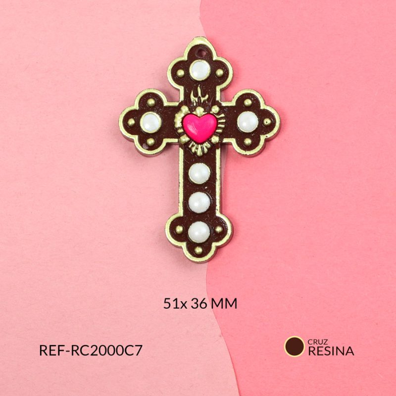 Cruz resina café corazón fucsia 51x36mm