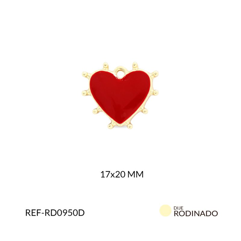 Dije rodinado corazón resina roja puntos 17x20mm