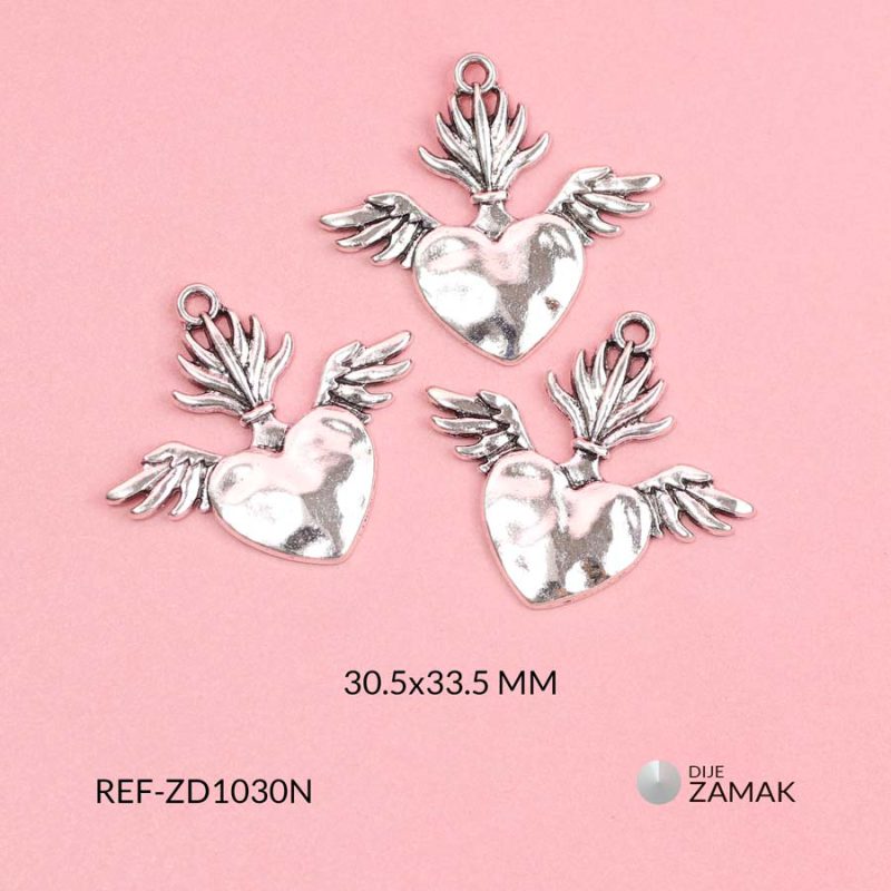 Dije zamak corazon con alas y llamas 30.5x33.5mm