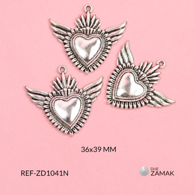 Dije zamak corazón con alas y llamas 36x39mm