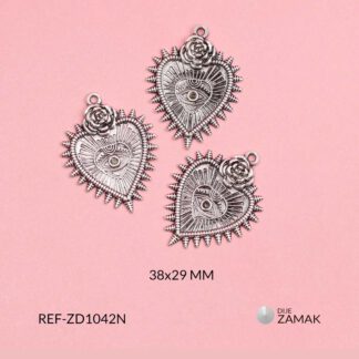 Dije zamak corazón con ojo turco y rosa 38x29mm x 3unds