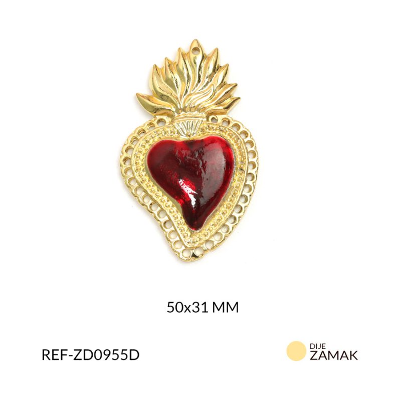 Dije corazón sagrado rojo con marco calado en Zamak 50x31mm