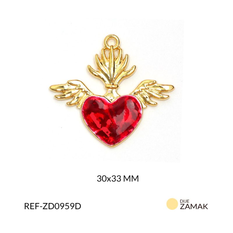 Dije corazón con alas rojo en Zamak 30x33mm