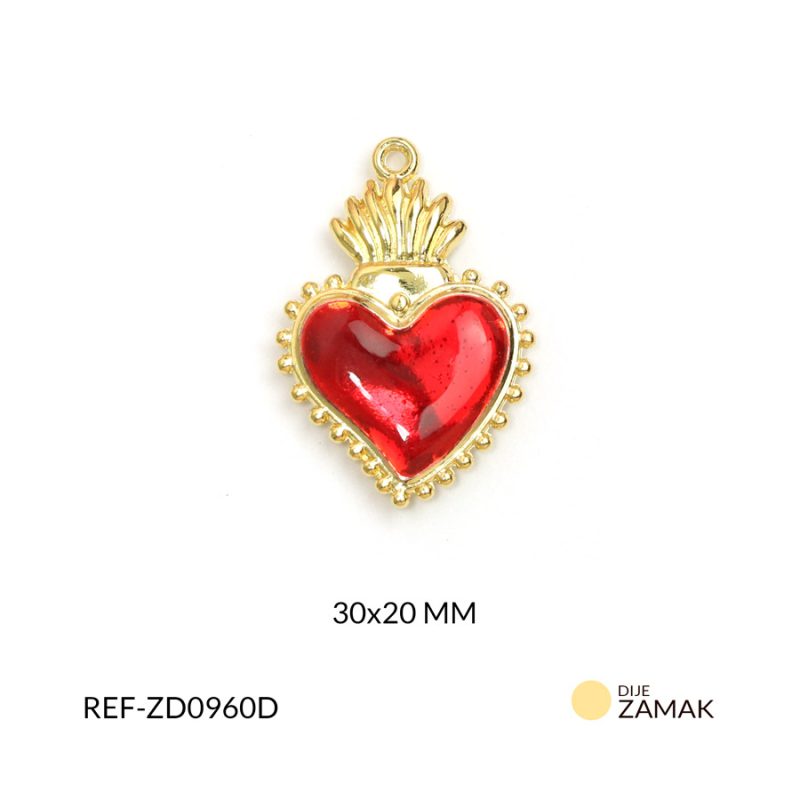 Dije corazón sagrado rojo con corde punteado en Zamak 30x20mm