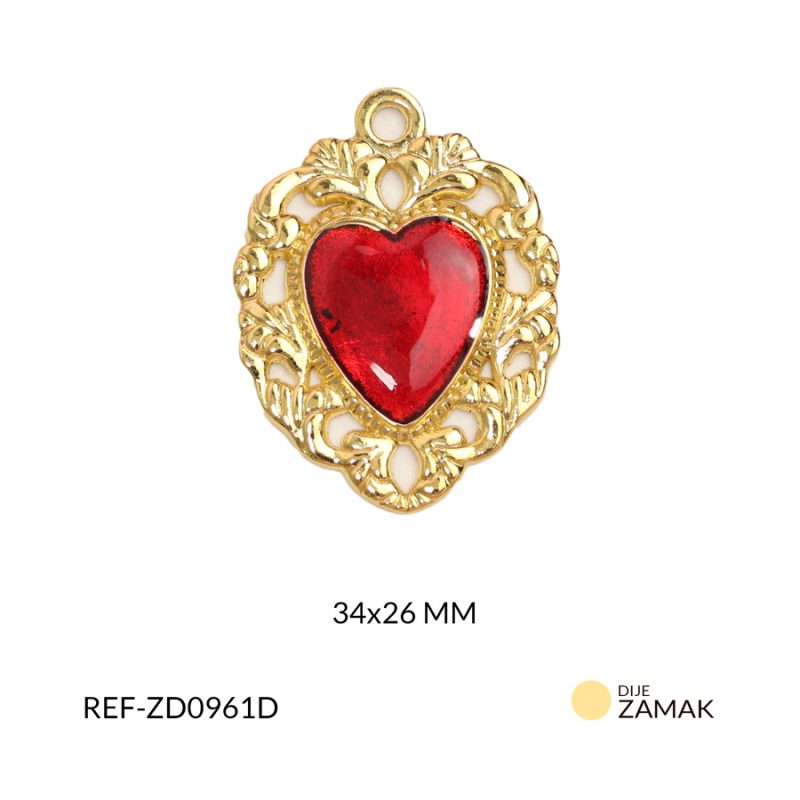 Dije corazón rojo con marco de color dorado en zamak 34x26mm