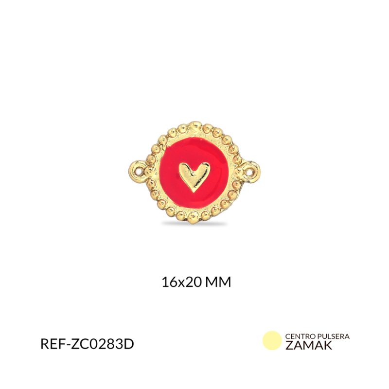 Centro pulsera zamak circulo grabado corazon resina roja 16x20mm x und