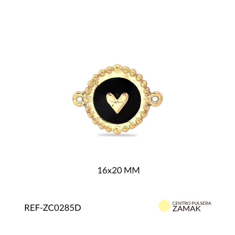 Centro pulsera zamak circulo grabado corazon resina negra 16x20mm x und