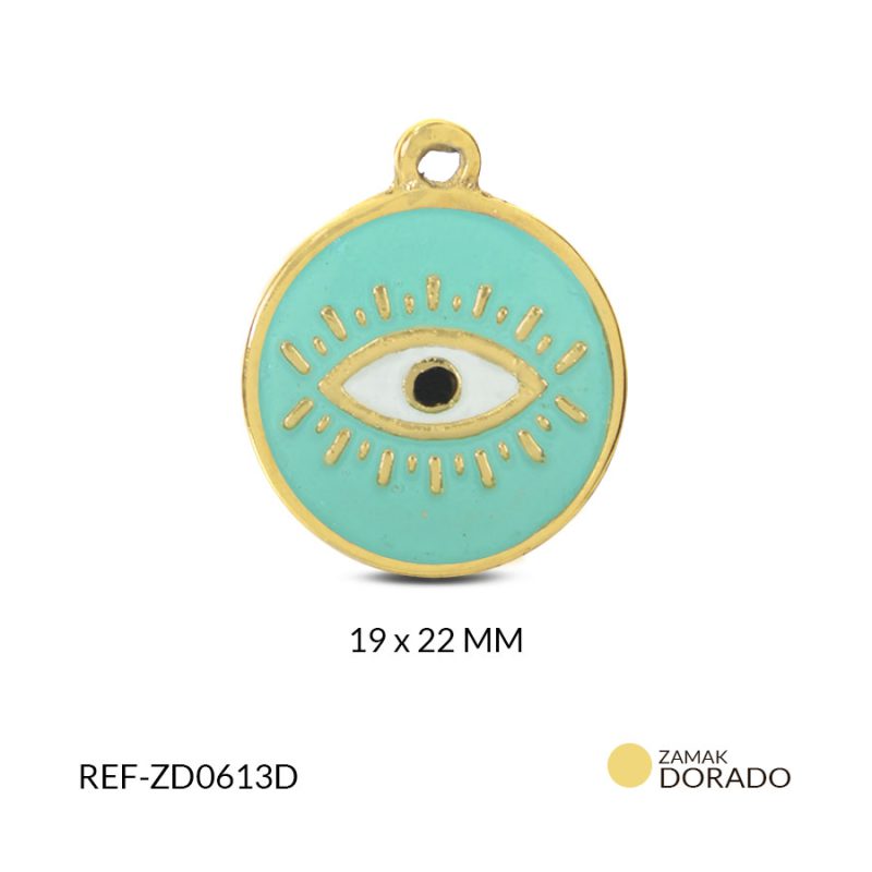 Dije zamak circulo ojo pestaña resina verde aguamarina 19x23mm x und