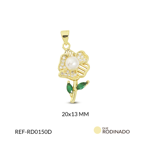 Dije rodinado flor trébol circón plateado hojas verdes perla 20x13mm x und
